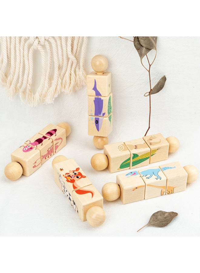 ألعاب تعليمية للأطفال: قطع البناء الخشبية المتحركة على شكل حيوانات، puzzle معرفي للأطفال من 0-3 سنوات - اللون: خمسة قطع من puzzle المتحركة (حجم صغير) - Image 5